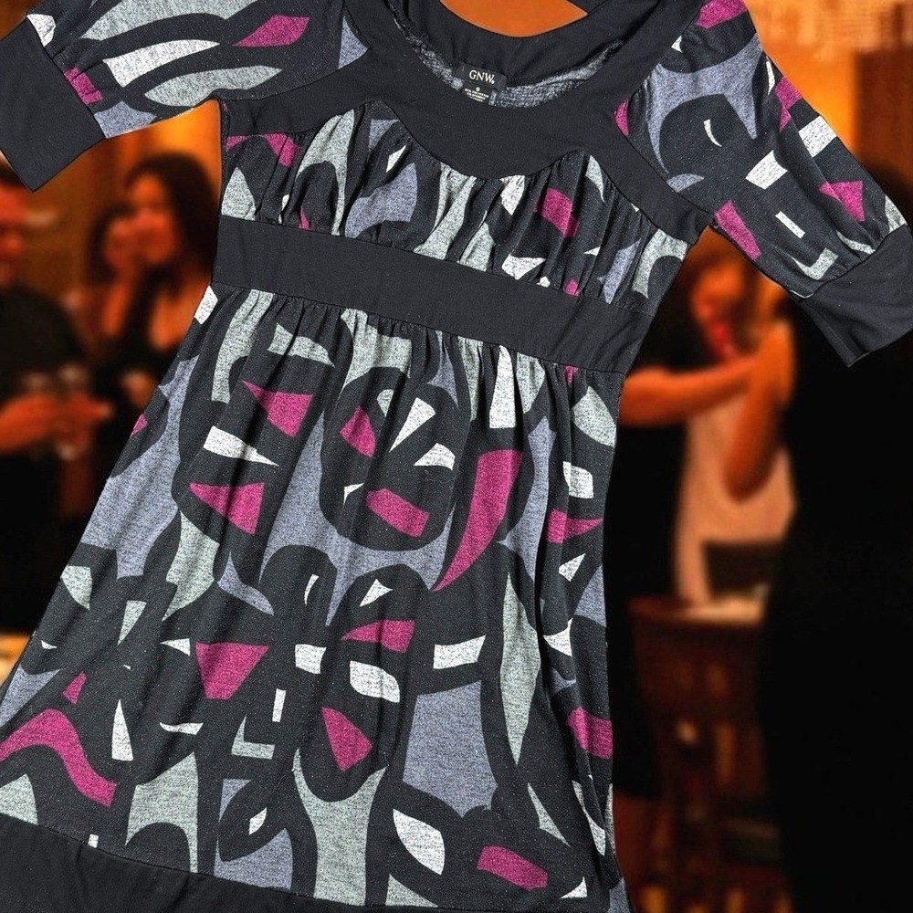 GNW Dress Women S Black Gray Purple Geometric Art 3/4‎ Sleeve Career Cocktail